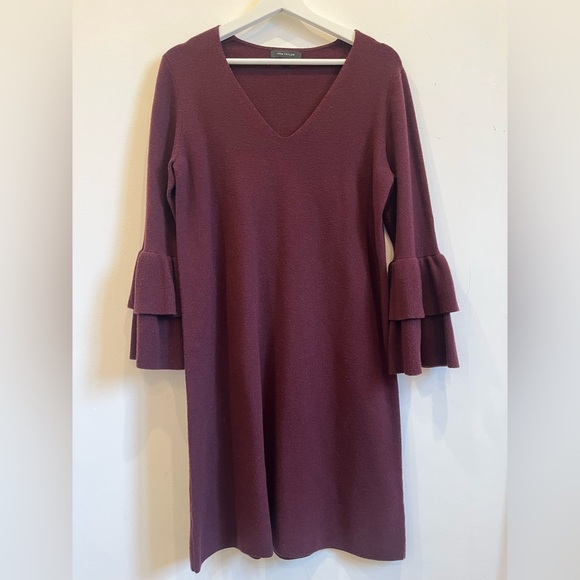 Ann Taylor Sweater Dress M Medium Ruffle Sleeve Burgundy Red Vino V-Neck - Picture 1 of 5